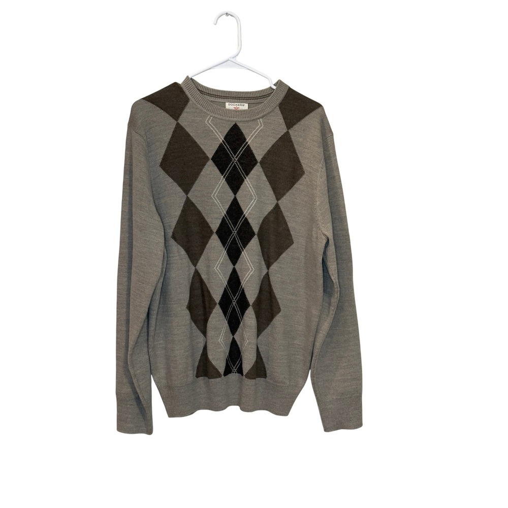 Dockers Mens Argyle Crew Neck Sweater Grey Brown Black Preppy Academia Large